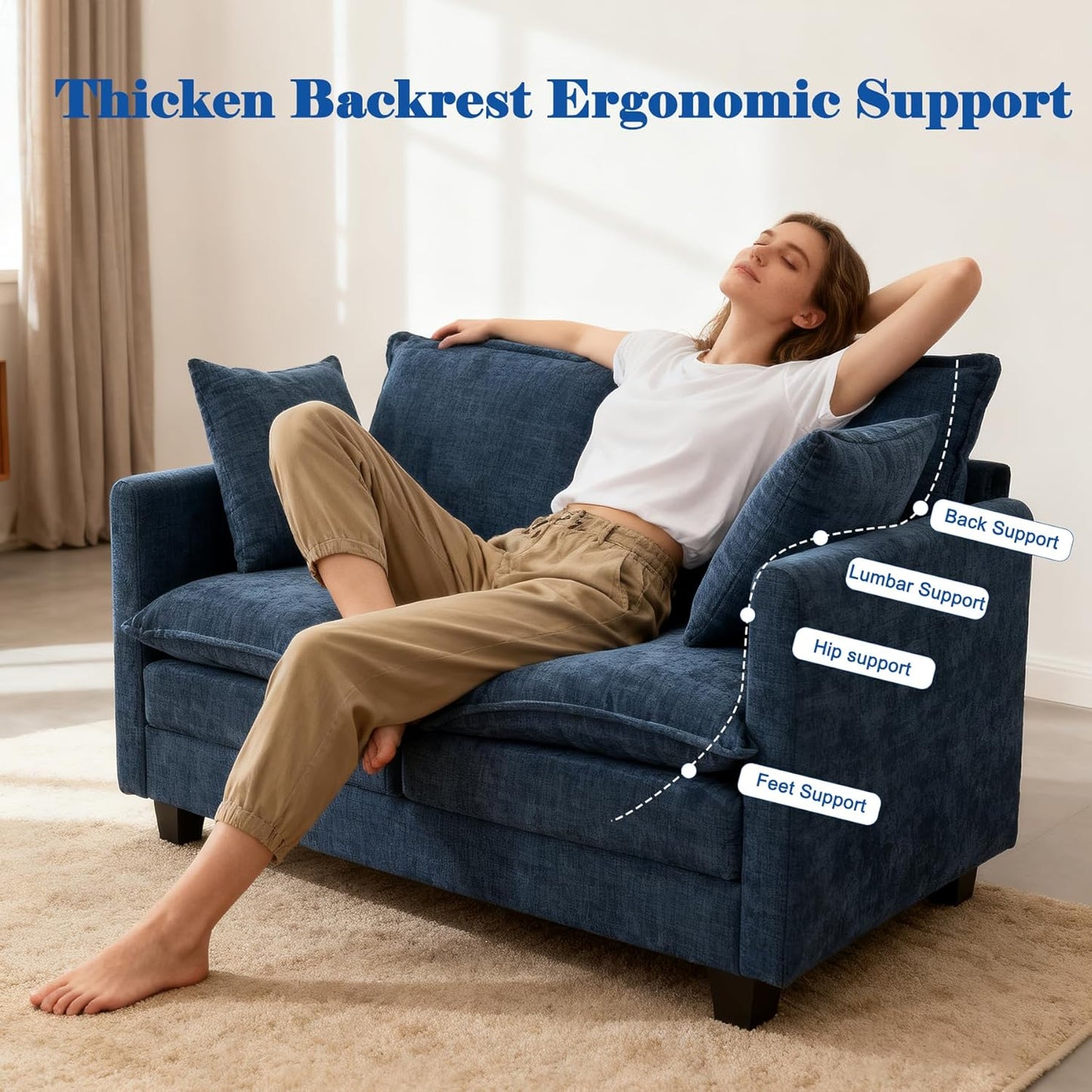 Loveseat Sofa Cloud Sofa Couch 50'', Modern Loveseats 2 Seat Couch 27" Deep Seat with 2 Pillows for Small Spaces Apartment Studio Office Bedroom Living Room 8834-BLUE