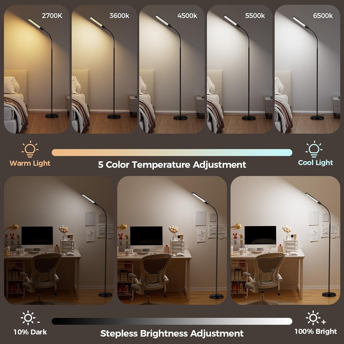 LED Floor Lamp for Living Room, Bright Reading Lamps for Office, Adjustable Colors Temperatures&Brightness, Dual Head Goose-Neck Standing Lamp, Remote and Button Control, Eye Caring Tall Lamp, Black