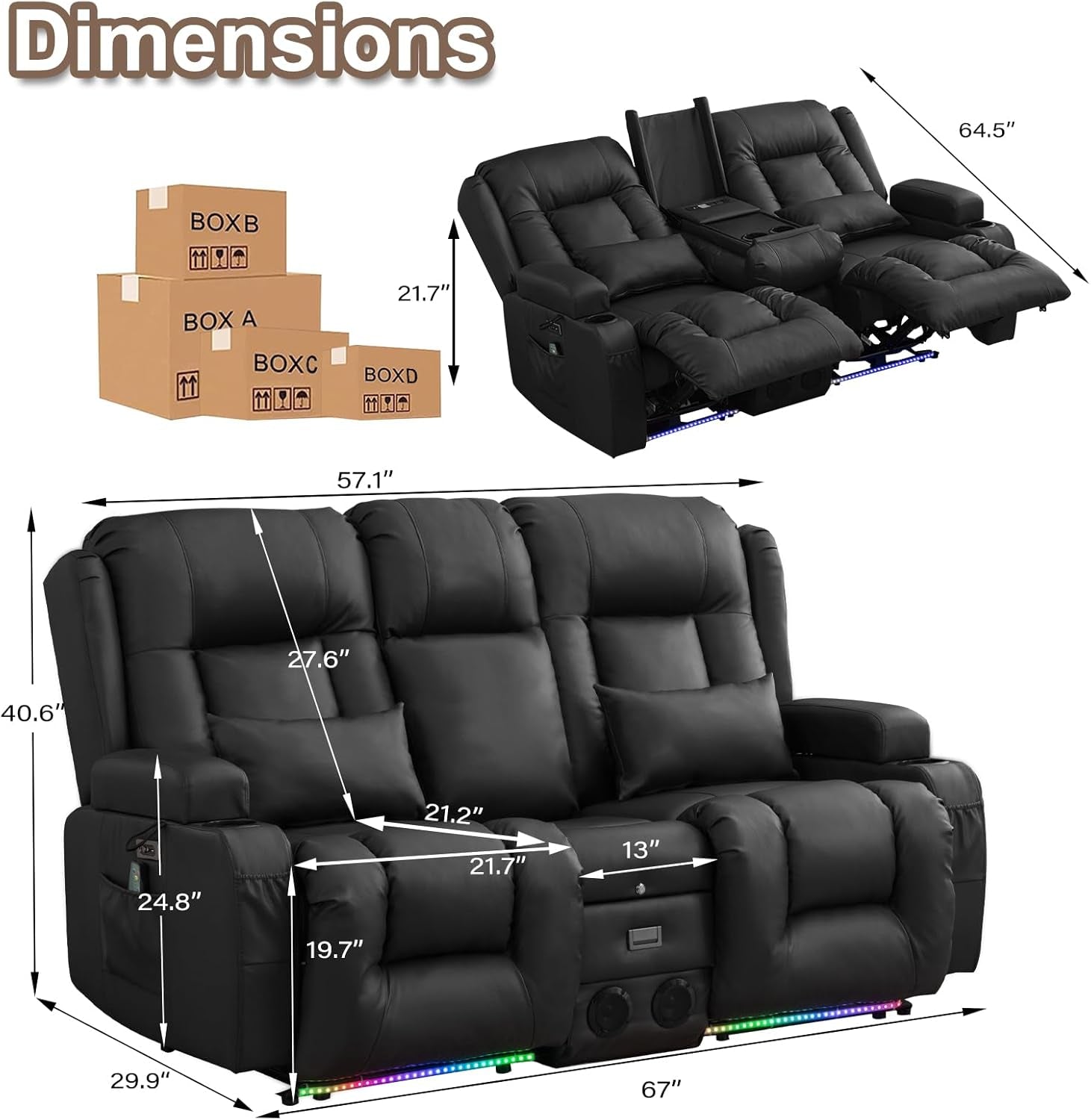 Power Loveseat Recliner Sofa with Massage & Heat Home Theater Seating with Console RV Recliner Loveseat Sofa with Usb/Outlet/Storage/Side Pocket/Led Light/Speaker (Black, Loveseat)
