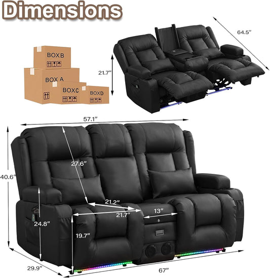 Power Loveseat Recliner Sofa with Massage & Heat Home Theater Seating with Console RV Recliner Loveseat Sofa with Usb/Outlet/Storage/Side Pocket/Led Light/Speaker (Black, Loveseat)