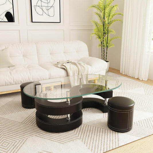 Oval Glass Coffee Table Set of 3, 0.39" Tempered Glass Top and S Shape Base, Modern Coffee Table with 2 Leather Stools, Accent Coffee Table for Living Room Bedroom, Black