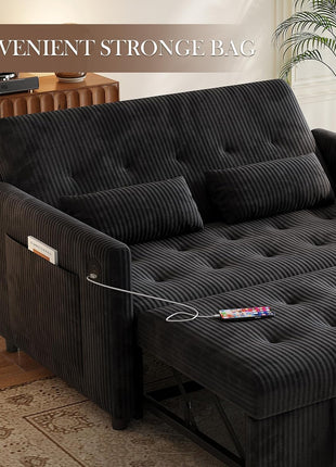 3-in-1 Convertible Loveseat Sofa Bed with Pull-Out Bed, USB Ports, and Pockets - Modern Corduroy Design for Living Room or Bedroom (Black)