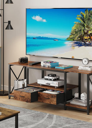 55.1" Rustic Brown TV Stand with Fabric Drawer - Industrial Style Entertainment Center and Console Table with Open Storage Shelves for Living Room and Bedroom