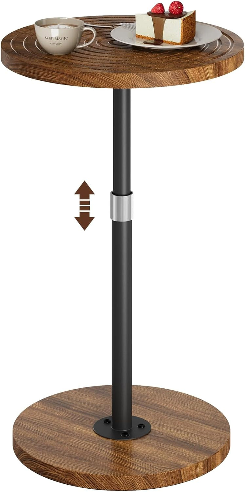 Round Side Table, Adjustable-Height Small Drink Table, Pedestal Martini Stand, Weighted Base Cocktail Table Accent Nightstand for Living Room, Bedroom, Bathroom, Office, Walnut