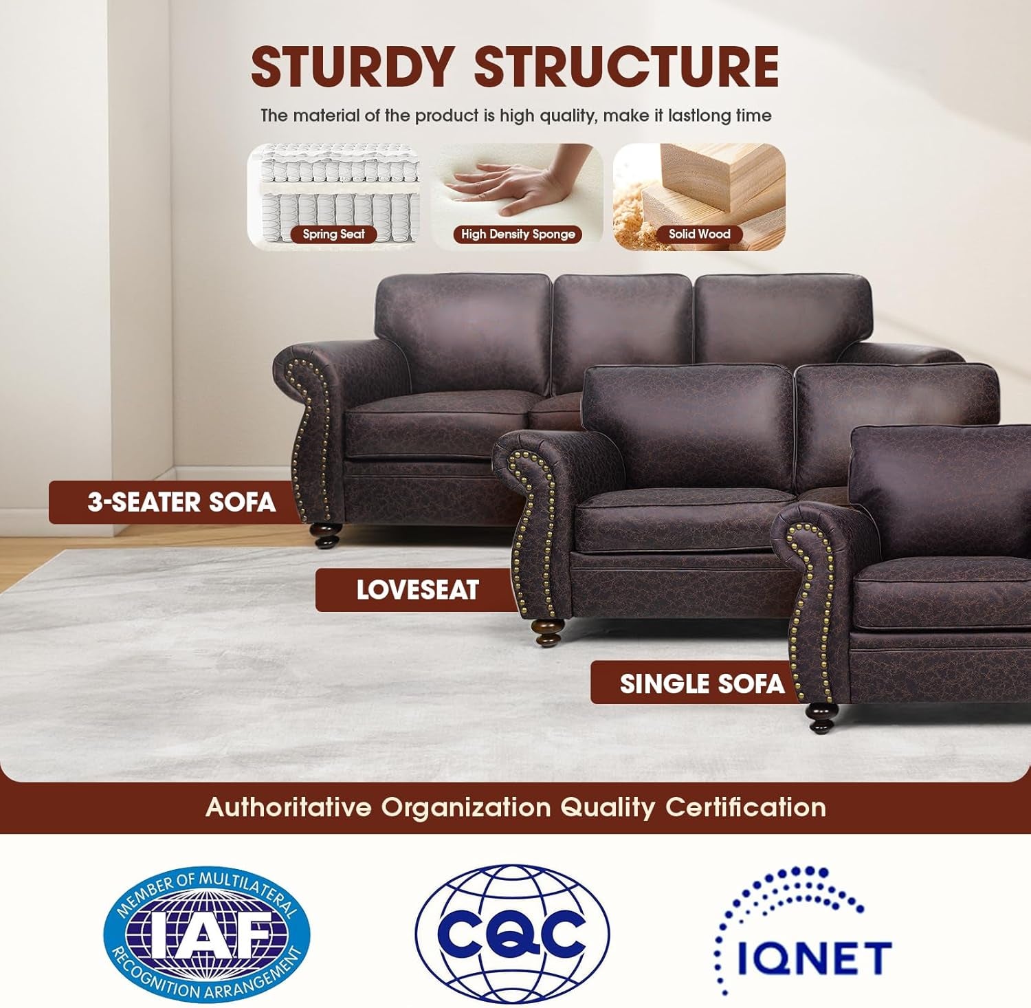 Living Room Furniture Sets,Sofa Sets and Couch Sets for Living Room,Mid-Century Vintage Sofa Couches with Rivet Design (Brown, Loveseat+3 Seater)