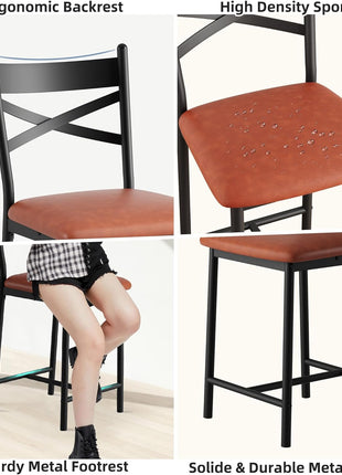 Set of 4 Modern Brown Counter Height Bar Stools with Backrest and Thick Cushion, Upholstered Dining Chairs for Kitchen Island, Bar, and Dining Room