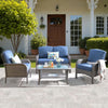 4 Pieces Patio Furniture Set, Outdoor Wicker Sofa with Coffee Table, Chairs, All Weather High Back Rattan Loveseat Couch with Comfy Cushions, Denim Blue