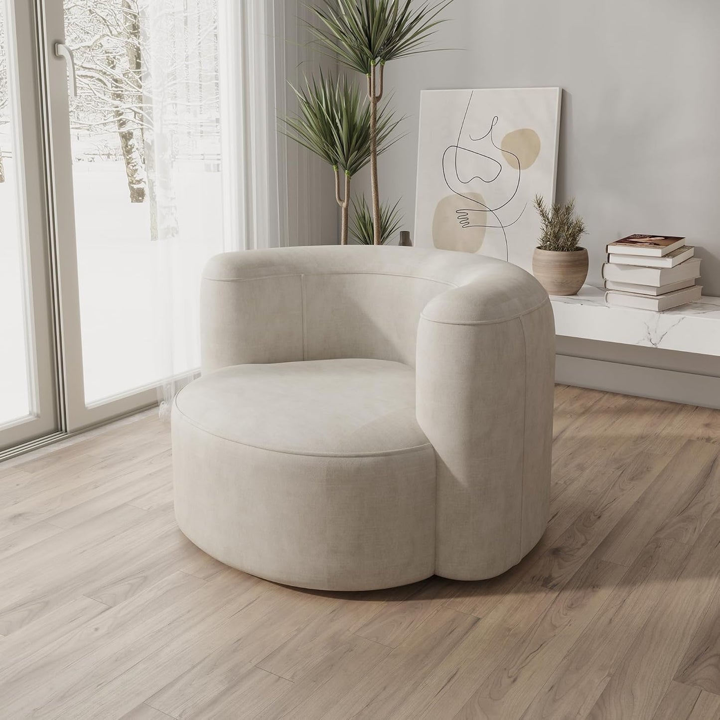 Luxury Modern Tight Curved Back Velvet Sofa, Minimalist Style Comfy Couch for Living Room Apartment Reception Space, Cream Single Chair