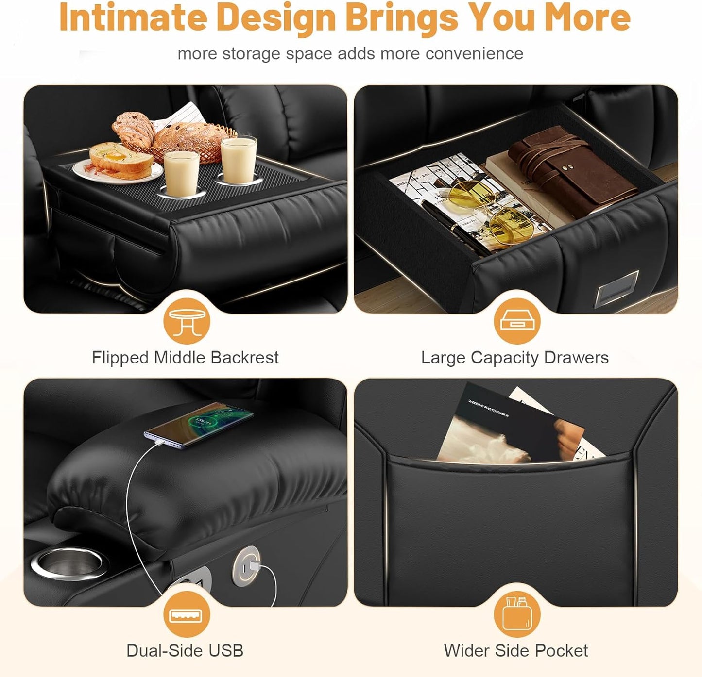 Loveseat Recliner Sofa, Flip Middle Backrest Design PU Leather 3 Seat Reclining Sofa with Storage Drawer, Manual Couch for Living Room/Rv (Black, PU)