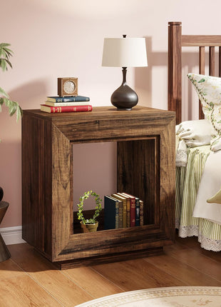 Rustic Wood End Table with Storage Shelf - 2-Tier Square Side Table for Living Room and Entryway (Rustic Brown)
