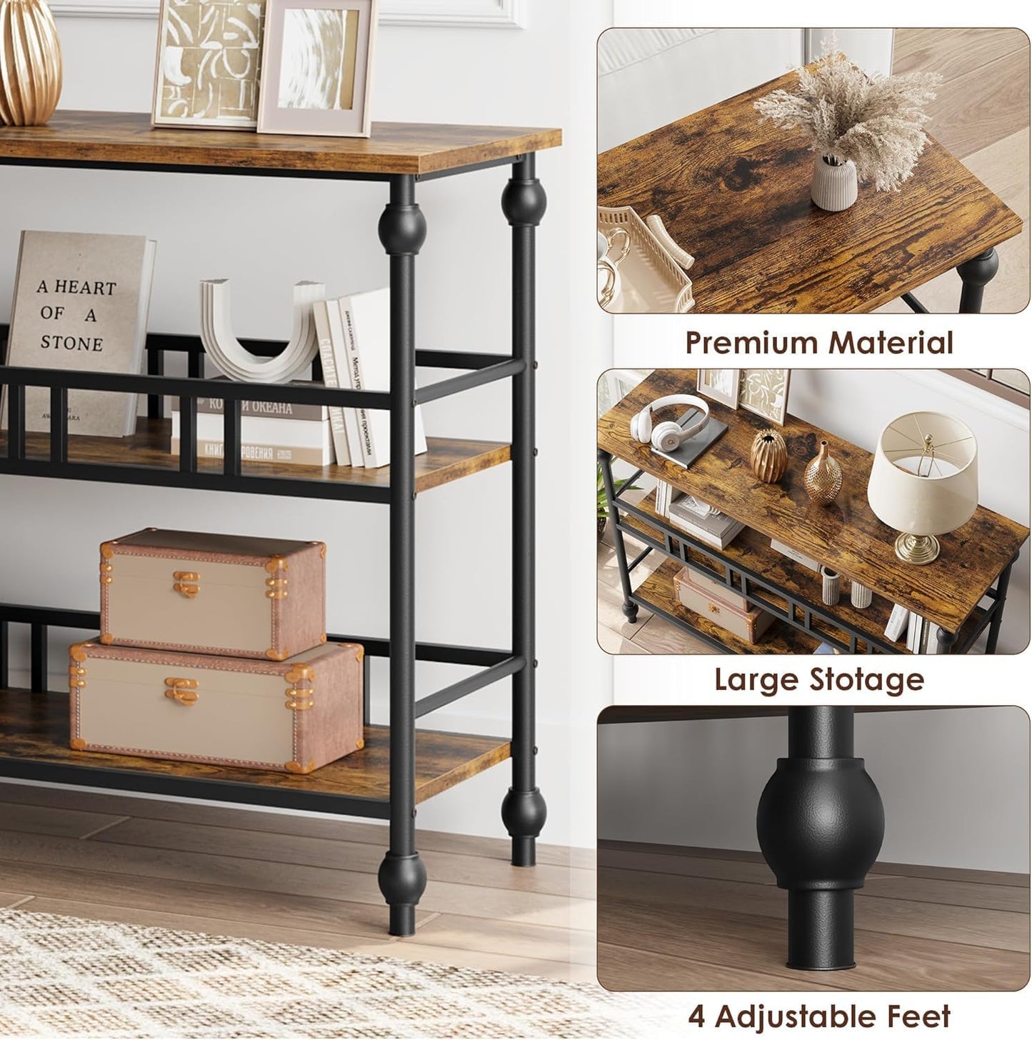 43" Console Table, 3-Tier Entryway Narrow Side Table with Shelves, Sofa Table for Living Room, Hallway, Bedroom, Rustic (Brown)