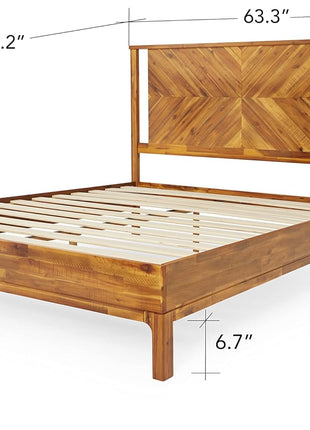 Vivian 14-Inch Deluxe Queen Bed Frame with Headboard, Rustic Scandinavian Design in Solid Acacia Wood, No Box Spring Required, 12 Durable Wood Slat Support, Easy Assembly, Rustic Golden Brown Finish
