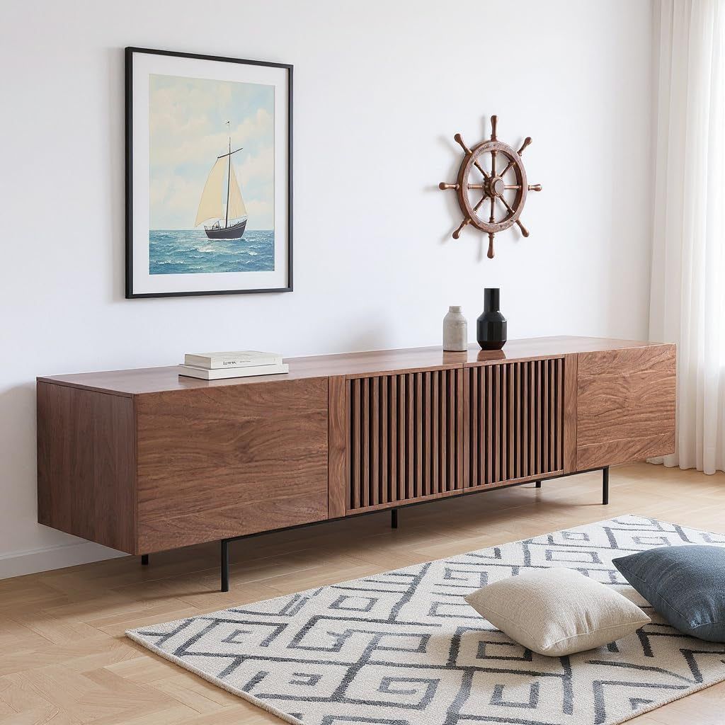 94.48" Mid Century Modern TV Stand for Tvs up to 70"-90",Tv Console with 4 Storage Cabinets, Media Furniture for Living Room or Bedroom,Walnut