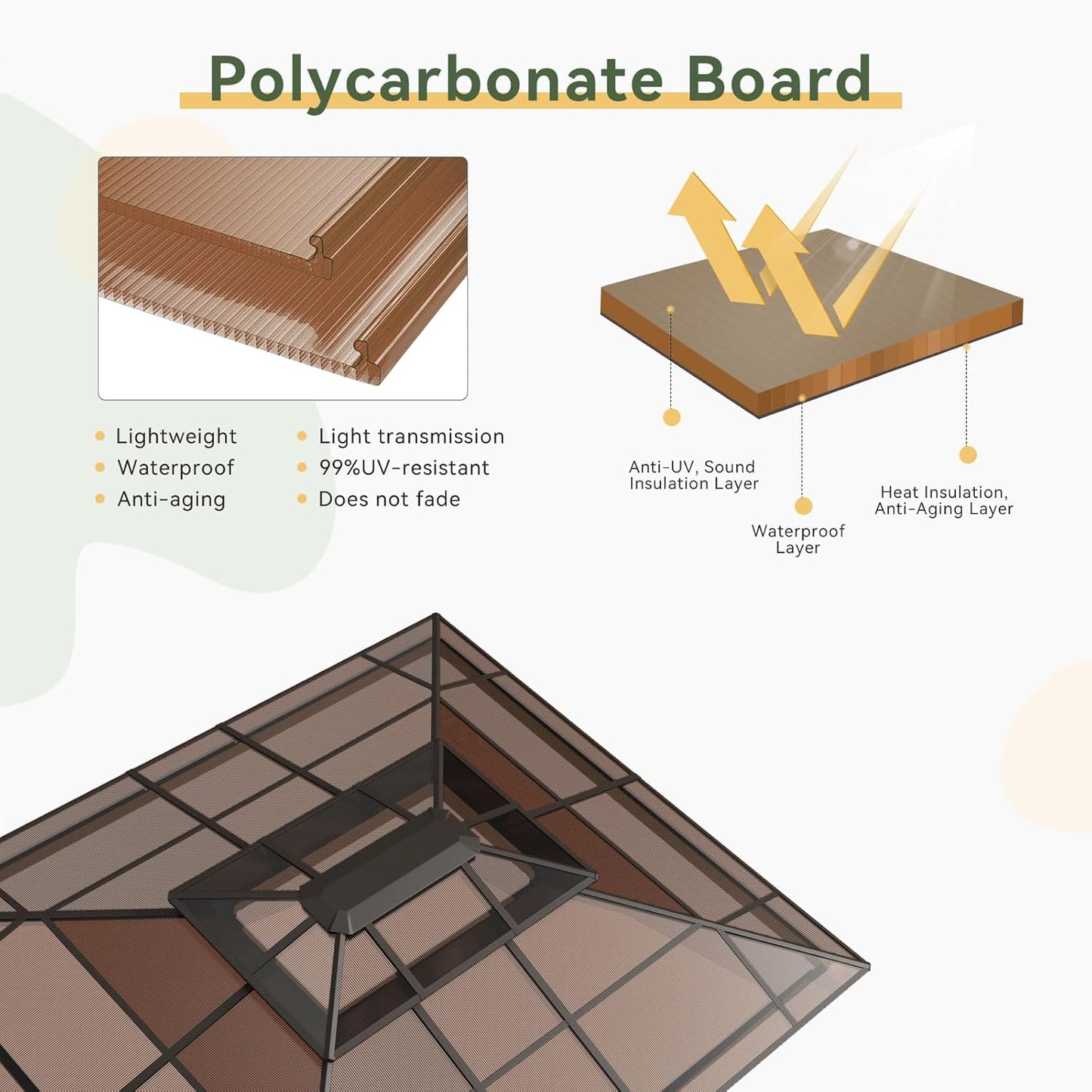 12'X10' Hardtop Gazebo, Aluminum Frame Permanent Pavilion with Curtains and Netting, Outdoor Polycarbonate Double Roof Canopy, Designed for Garden, Lawns, Patio, Brown