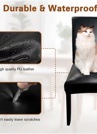 Set of 4 Waterproof Leather Dining Chair Covers, Super Stretch and Washable, Thickened Slipcovers for Kitchen, Dining, and Banquet Use in Black