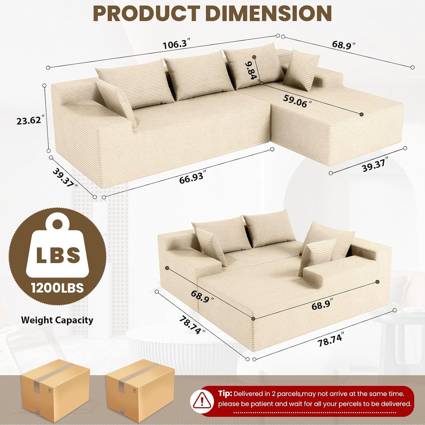 107" Cloud Sectional Couch with Deep Seat，Modern Modular Sofa with L-Shape Chaise，No Assembly Required, Upholstered Couches for Living Room Bedroom(Beige,Right Facing Chaise)