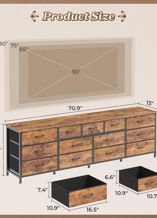 70-Inch Rustic Brown Dresser and Entertainment Center with 13 Fabric Drawers, Compatible with 65 to 80 Inch TVs