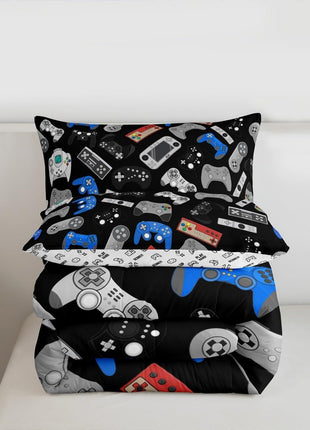 Modern Gamer Bedding Set for Teens, Full Size Down Comforter with Video Game Joystick Design in Black and Blue for Boys and Youth Bedrooms