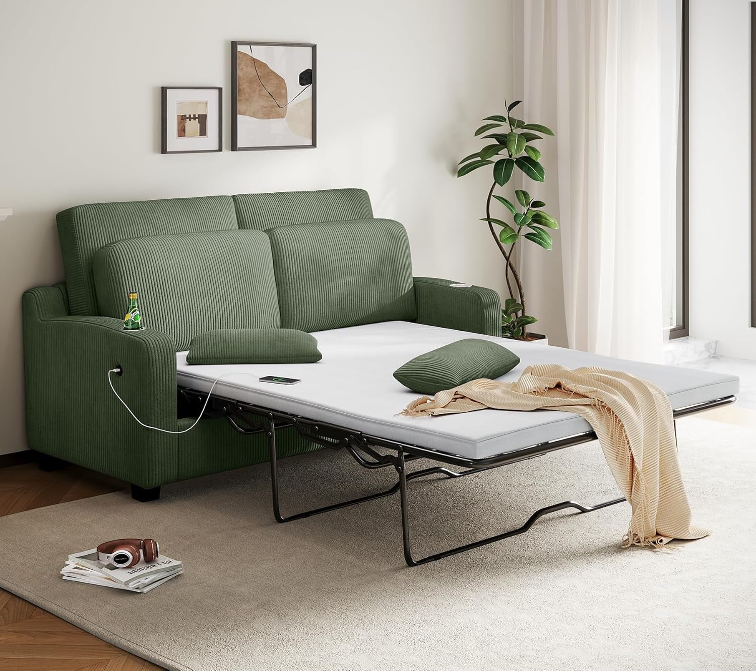 Pull Out Sofa Bed - Convertible Loveseat Sleeper Sofa, Upgraded Bed Frame Pullout Couch - USB Charging & Cup Holders, Corduroy Sofa Bed for Living Room Small Space, Queen Size (Green)