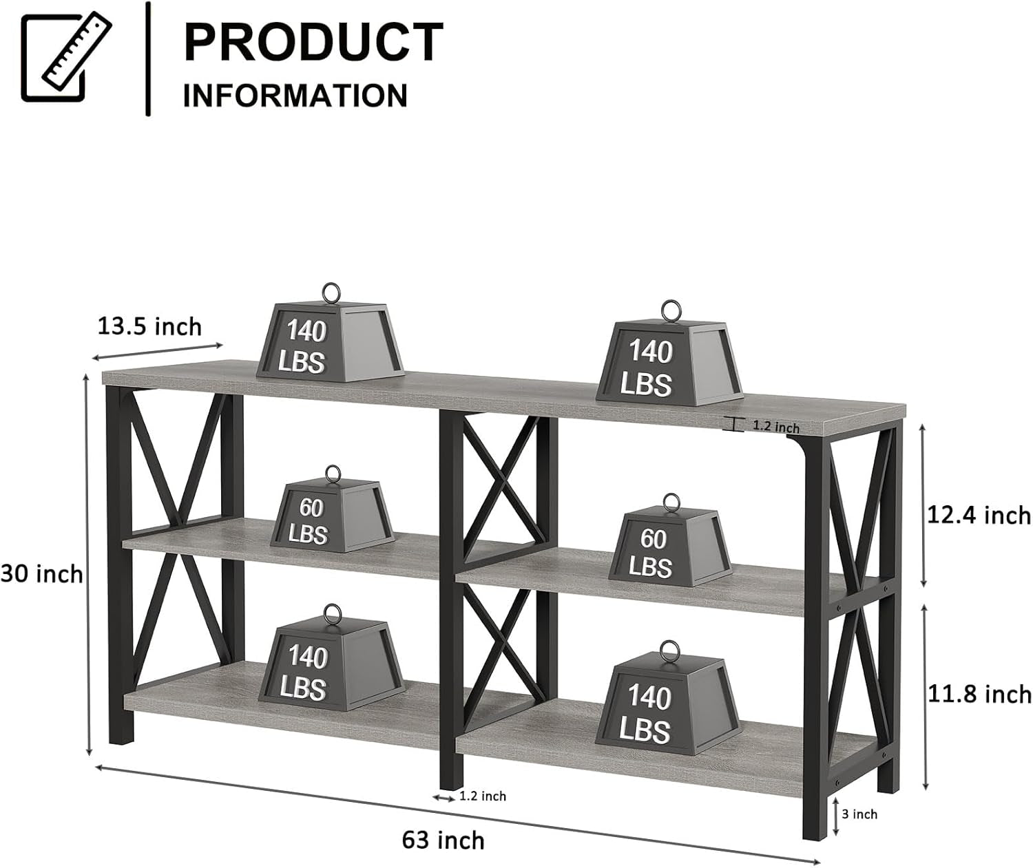 Industrial Entryway Table, Farmhouse Rustic Console Table behind Couch, Long Metal Wooden Sofa Table with Storage Shelf, Modern Foyer Hallway for Living Room Bedroom, Light Grey Oak, 63 In