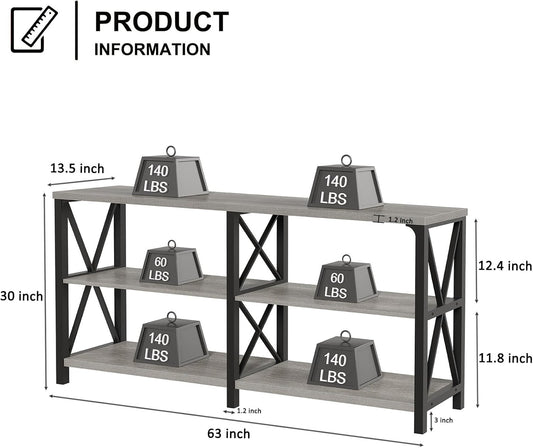 Industrial Entryway Table, Farmhouse Rustic Console Table behind Couch, Long Metal Wooden Sofa Table with Storage Shelf, Modern Foyer Hallway for Living Room Bedroom, Light Grey Oak, 63 In