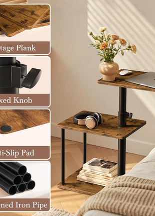 360° Swivel C-Shaped Side Table with Adjustable Height and Storage, 3-Tier Nightstand with Open Shelf for Compact Spaces, Rustic Brown Finish