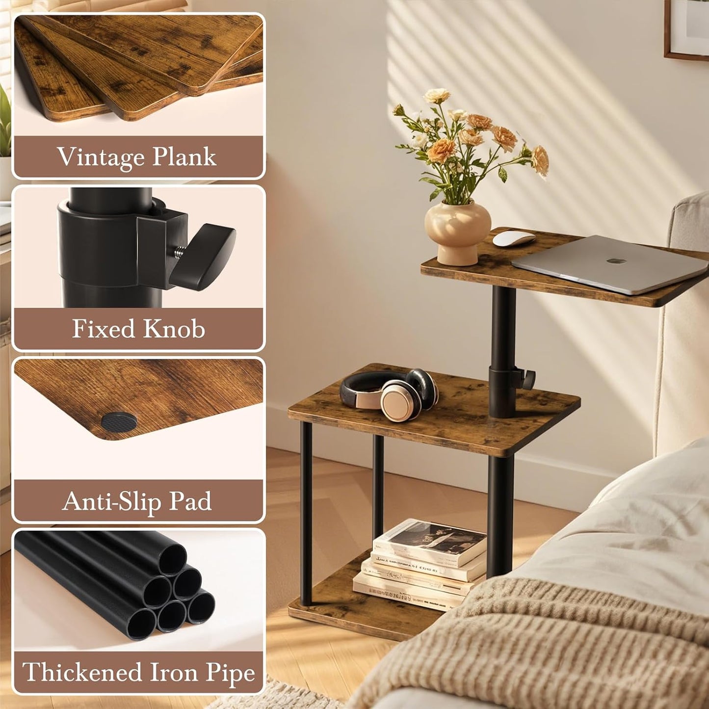 360° Swivel Side Table for Height Adjustable, C Shaped End Table for Couch with Storage, 3-Tier Night Stand with Open Shelf, Tv Tray for Small Spaces, Living Room, Bedroom, Rustic Brown