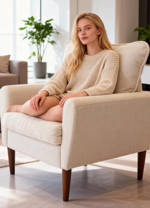 Mid-Century Upholstered Accent Chair with Pillow and Solid Wood Legs for Living Room, Bedroom, and Waiting Areas - Wide Single Modern Lounge Sofa in Beige