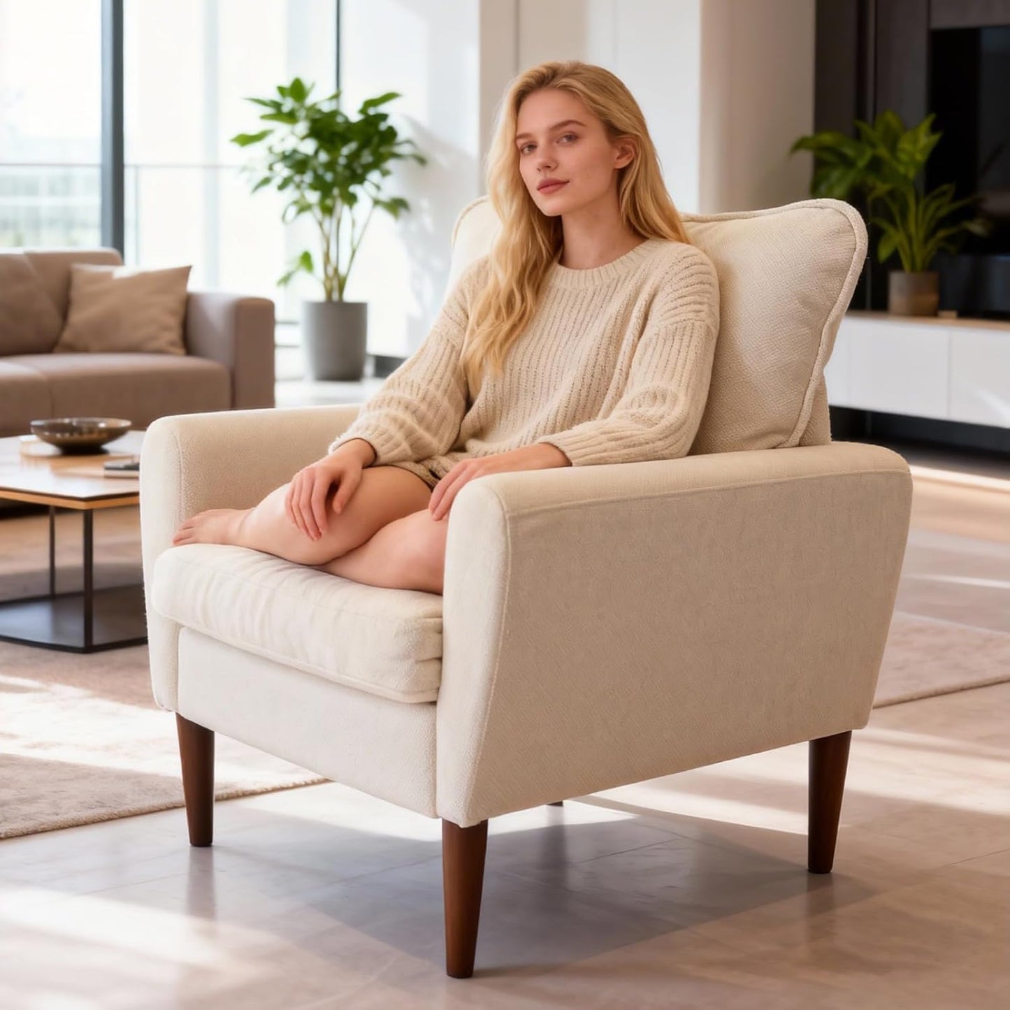 Comfy Accent Chair for Living Room Bedroom and Waiting Room, Upholstered Mid-Century Reading Chair with Pillow and Solid Wood Legs, Wide Singe Modern Lounge Sofa (Beige)