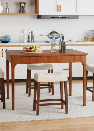 Set of 2 Upholstered 24" Counter Height Saddle Bar Stools with Footrest and Wooden Legs, Farmhouse Button-Tufted Backless Design for Kitchen Island, Dining Room, and Café in Beige and Brown