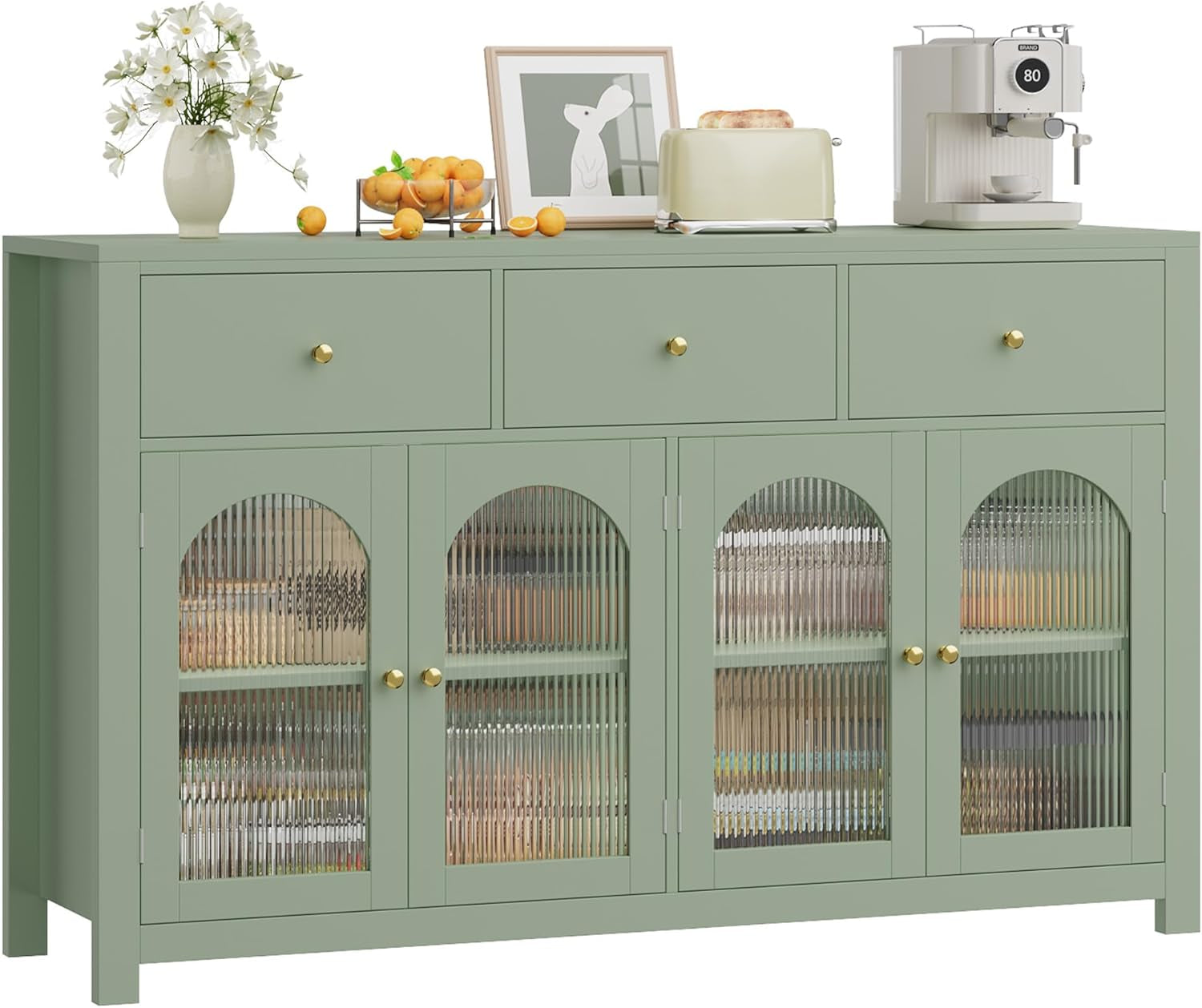 Buffet Cabinet with Storage, 55.1" Large Sideboard Buffet, Farmhouse Kitchen Cabinet with 3 Drawers and 4 Doors, Wood Coffee Bar Table for Kitchen, Green