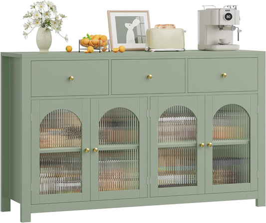 Buffet Cabinet with Storage, 55.1" Large Sideboard Buffet, Farmhouse Kitchen Cabinet with 3 Drawers and 4 Doors, Wood Coffee Bar Table for Kitchen, Green