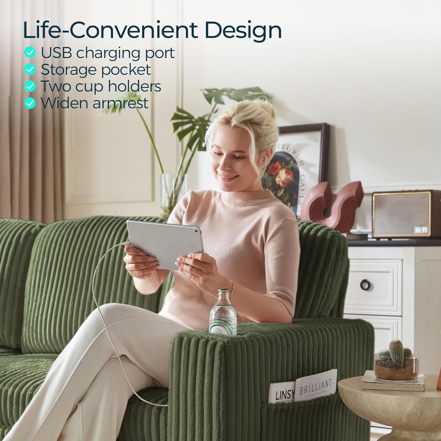 Sectional Sleeper Sofa Pull Out Couches for Living Room (Green, Sleeper Sofa 1) | Pull Out Sofa Bed, Storage, USB Charging, Cup Holders, Plush Corduroy