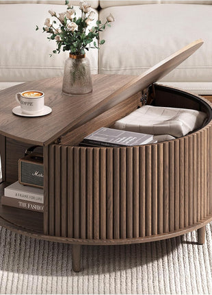 Contemporary Walnut Round Coffee Table with Storage, 31.5" Fluted Center Table for Living Room with Sliding Cabinet Door