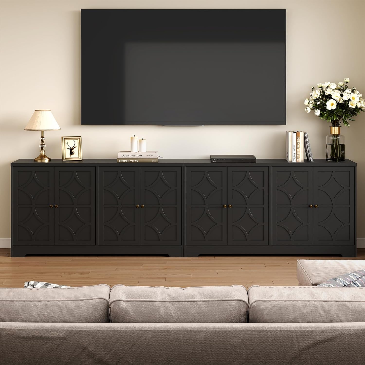 Sideboard Buffet Cabinet, 56" Modern Credenza with 4 Doors and Adjustable Shelves, Wood Accent Cabinet Console Media for Entryway, Living Room, Kitchen, Satin Black