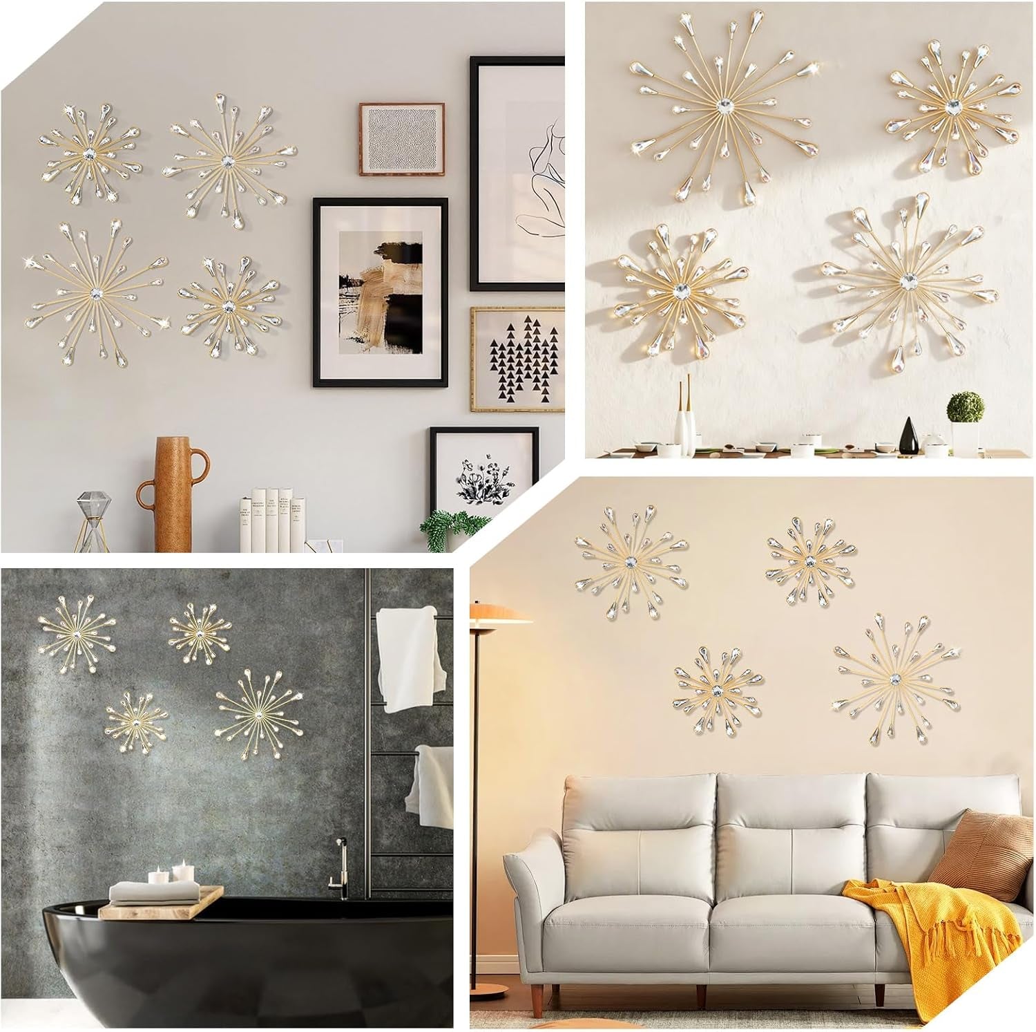 4Pcs Gold Metal Jeweled Wall Art, Starburst Wall Decor, Bling Crystal Home Décor, Star Sun Rhinestone Hanging, Diamond Accents Home Decorative for Living Room, Bedroom, Entryway