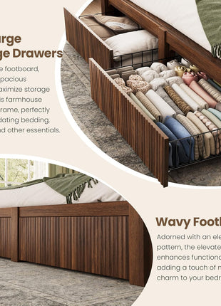 King Size Bed Frame with Headboard and Dual Storage Drawers, LED Lighting and Charging Port, Farmhouse Wavy Design, Wood and Metal Platform, Noise-Free, No Box Spring Required, Walnut Finish