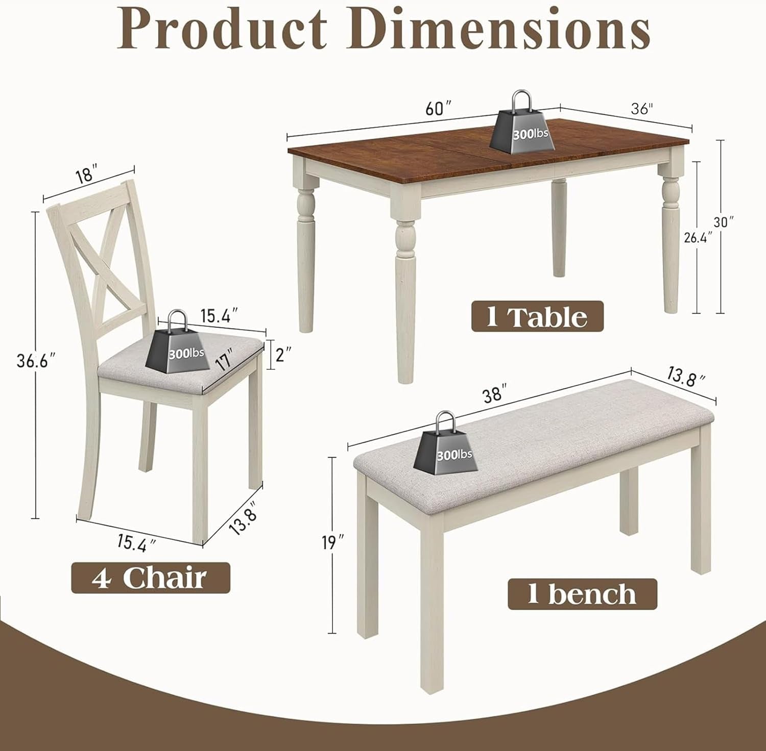 6-Piece Solid Wood Dining Table Set, Upholstered Chair W/Bench Seat, Seating for 6,60'' Farmhouse Wood Kitchen Chairs Set for Living Room, Dining Room, Kitchen, Cream White