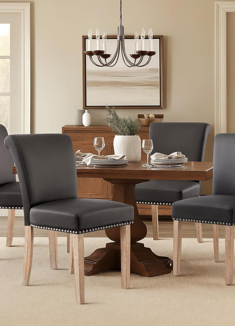 Set of 4 Mid-Century Modern Grey Faux Leather Dining Chairs with Nailhead Trim and Wooden Legs