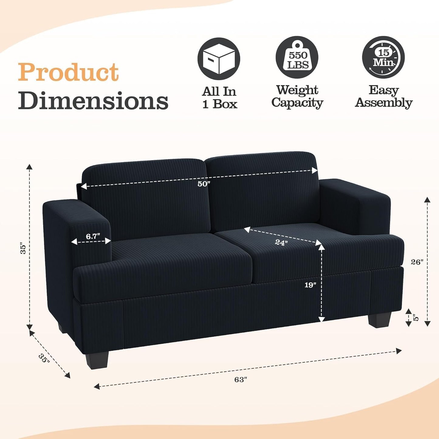 Loveseat & 3 Seater Sofa Sets, 89" Couch Sofa Set for Living Room Furniture, 2 Piece Modern Sleeper Sofa with Deep Seat Cloud Couch for Apartment Lounge, Black Corduroy