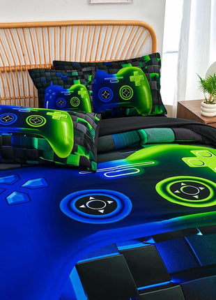 6-Piece Full Size Bed in a Bag Video Game Bedding Set for Boys, Featuring Soft 3D Printed Comforter and Sheets in Blue and Green, Ideal for Kids and Teens