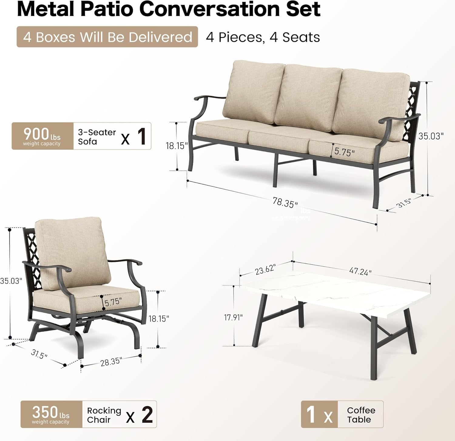 Patio Furniture Set, 4 Piece Modern Metal Outdoor Patio Furniture, 3 Seater Sofa, 2 Rocking Chairs, Coffee Table and 5.75" Extra Thick Cushion, Patio Conversation Set for Deck Backyard