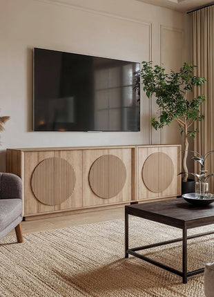 Contemporary Buffet Cabinet with Storage, Round Fluted Door Sideboard with Shelves, Wooden Modular Coffee Bar, Deep Beveled Design for Dining Room, Kitchen, Living Room, Entryway, 63" Natural Oak