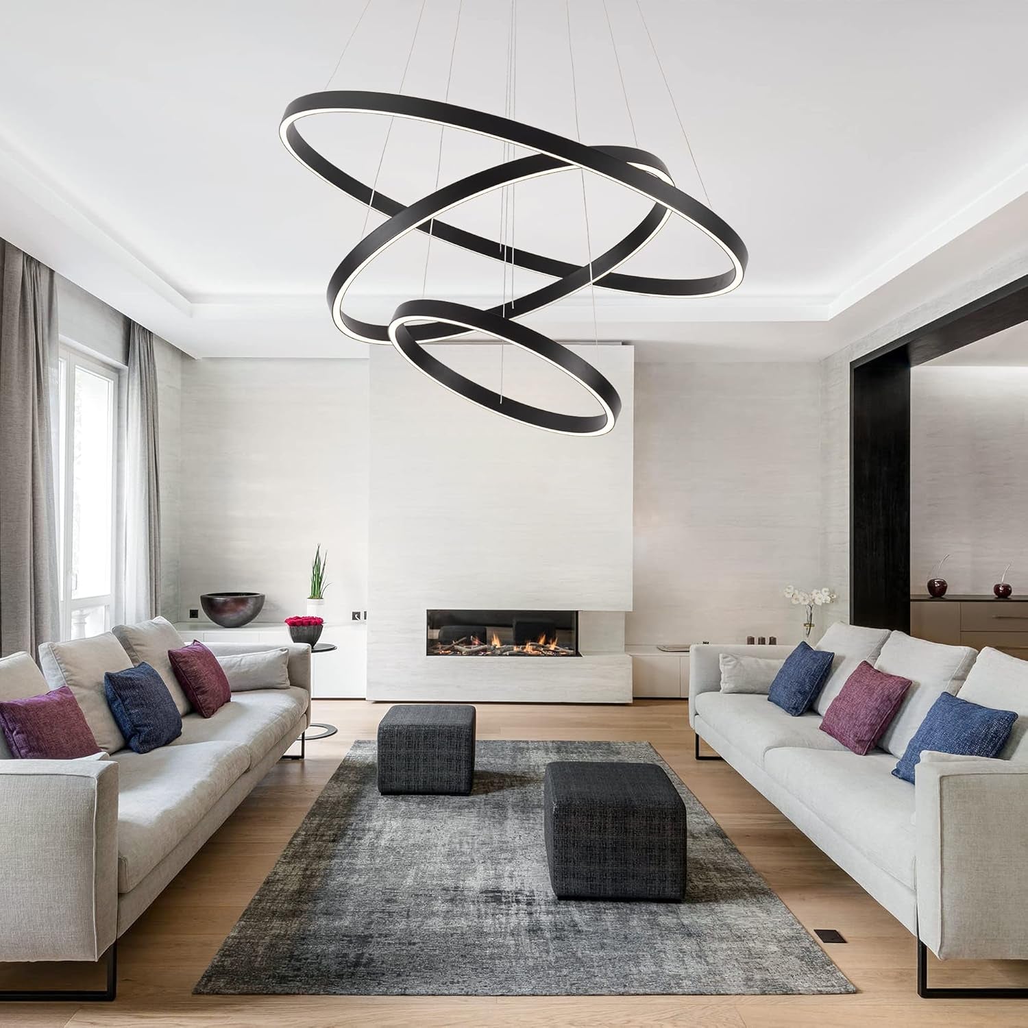 Elegant 3-Rings Black Modern LED Chandelier – Fully Dimmable High Ceiling Pendant Light for Dining Room, Living Room, Foyer & Staircase (Warm White 3000K, Adjustable Size 15.7"-31.4")