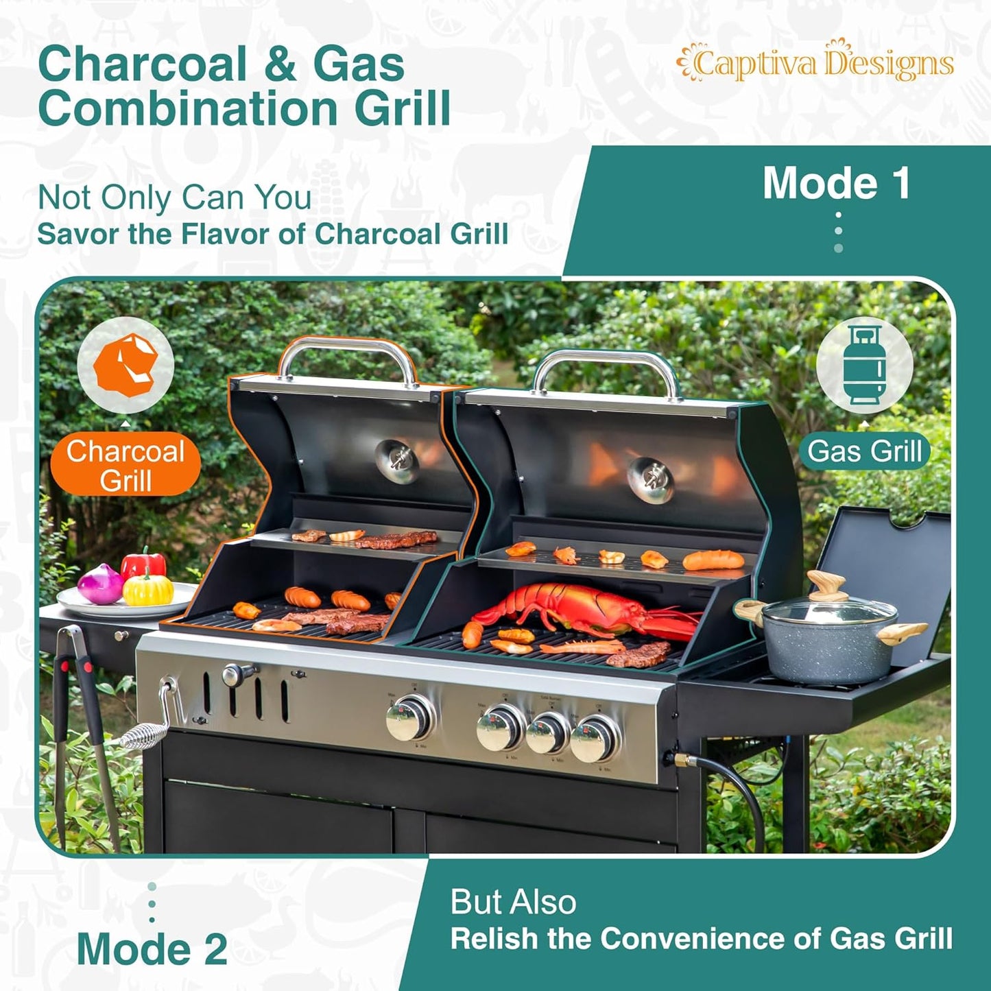 Propane Gas Grill and Charcoal Grill Combo with Side Burner & Porcelain-Enameled Cast Iron Grate, Dual Fuel BBQ Grill for Outdoor Events & Backyard Barbecue, 690 SQIN Cooking Area