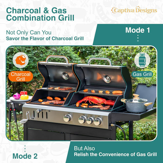Propane Gas Grill and Charcoal Grill Combo with Side Burner & Porcelain-Enameled Cast Iron Grate, Dual Fuel BBQ Grill for Outdoor Events & Backyard Barbecue, 690 SQIN Cooking Area