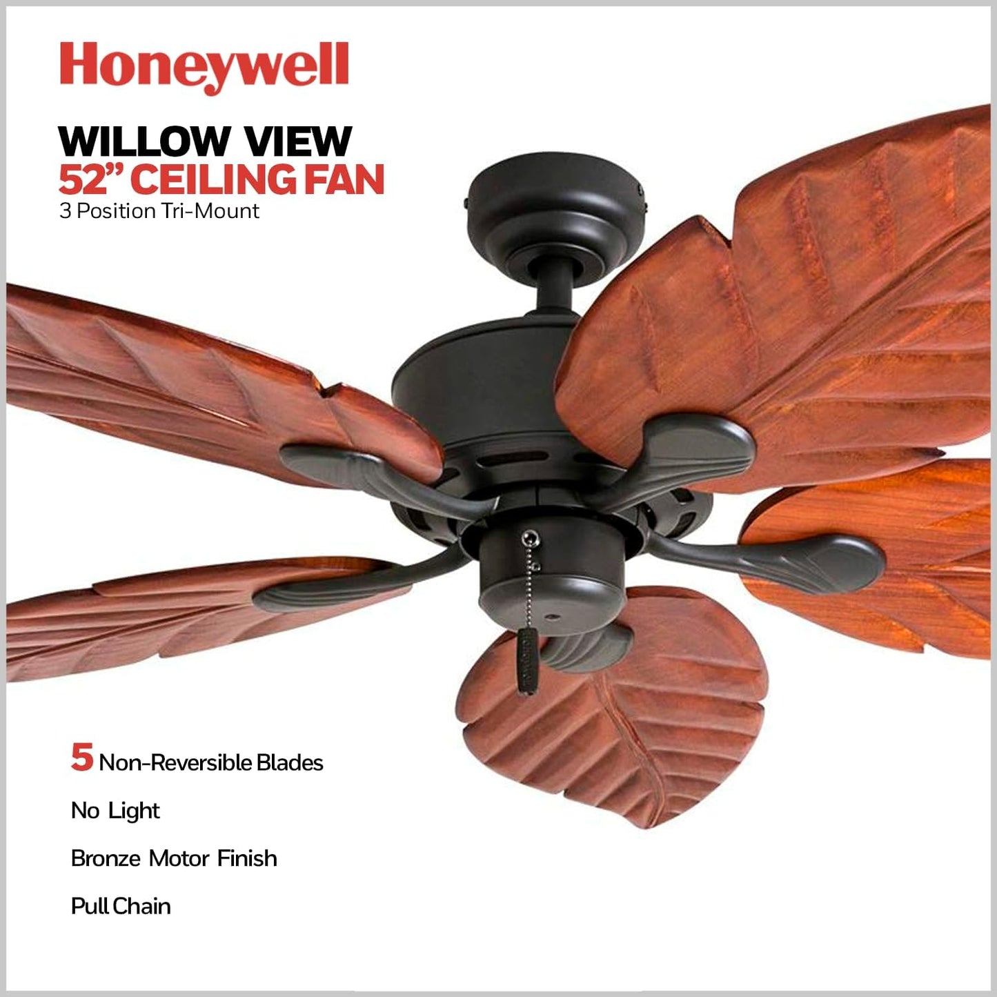 Ceiling Fans Willow View, 52 Inch Tropical Indoor Ceiling Fan with No Light, Pull Chain, Three Mounting Options, Hand Carved Wooden Leaf Blades - 50501-01 (Bronze)