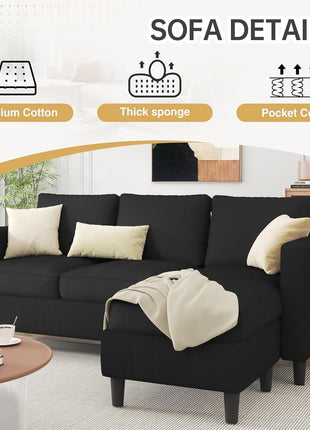 Modern 3-Seat Reversible Sectional Sofa with Convertible Ottoman in Ribbed Fabric - L-Shaped Couch for Small Spaces, Ideal for Apartments, Studios, and Offices - Easy Assembly - Black