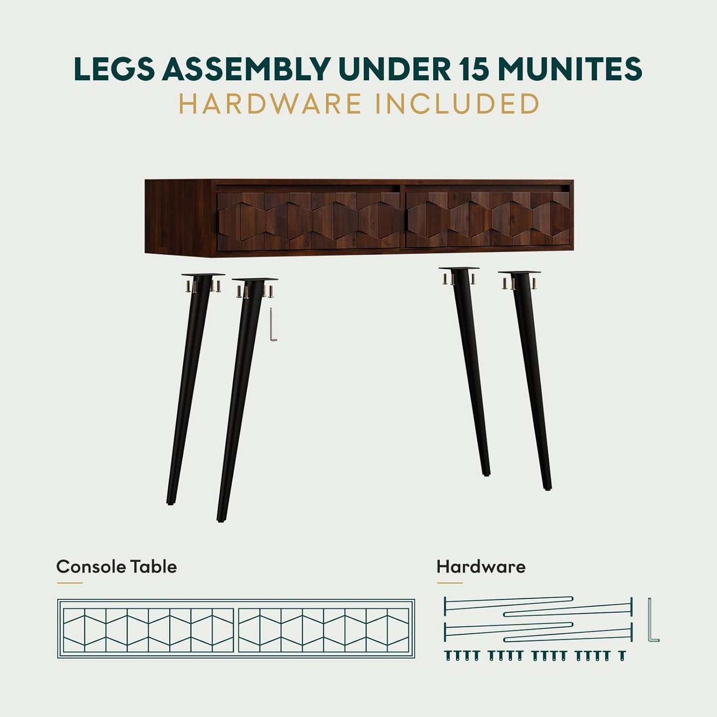 Console Modern Mid-Century 2 Drawers, Unique Geometric Design Sofa Table for Entryway, Hallway, Living Room, Walnut