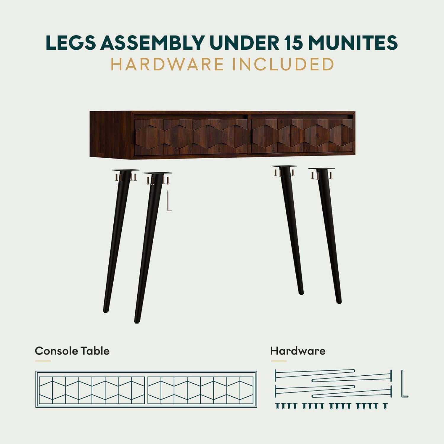 Console Modern Mid-Century 2 Drawers, Unique Geometric Design Sofa Table for Entryway, Hallway, Living Room, Walnut